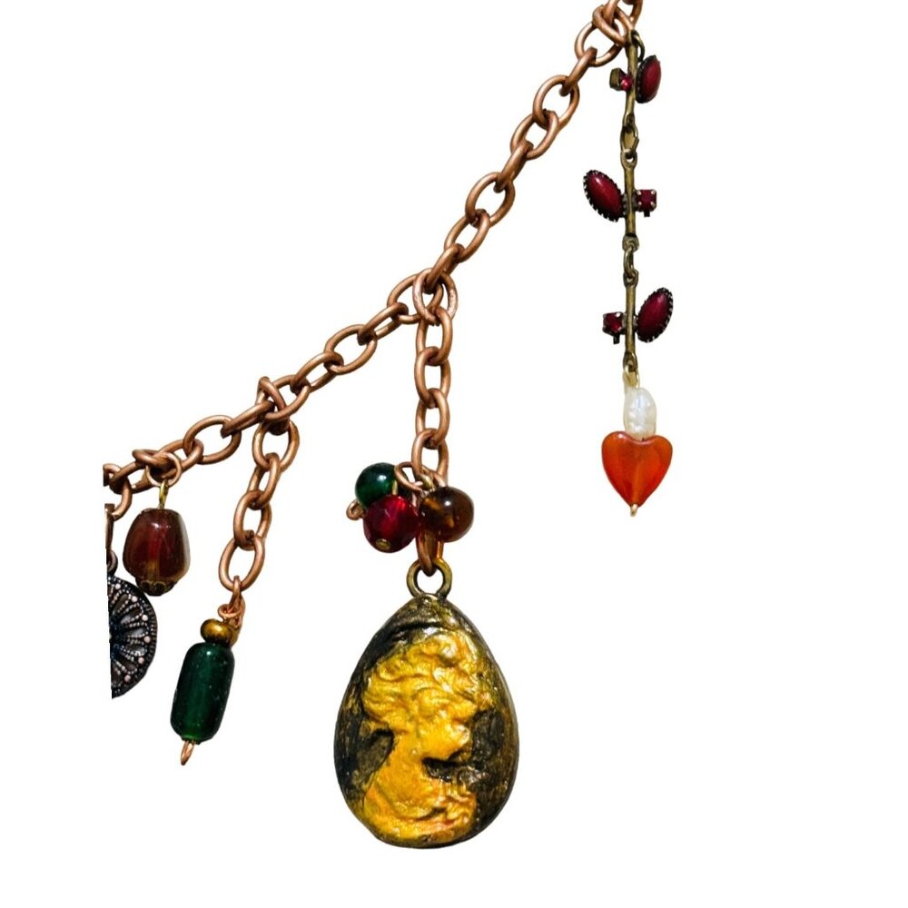 Tiny Art Glass Canvas Glass Pendant Copper Necklace 14th Cen. Italian Noblewoman - Picture 4 of 16